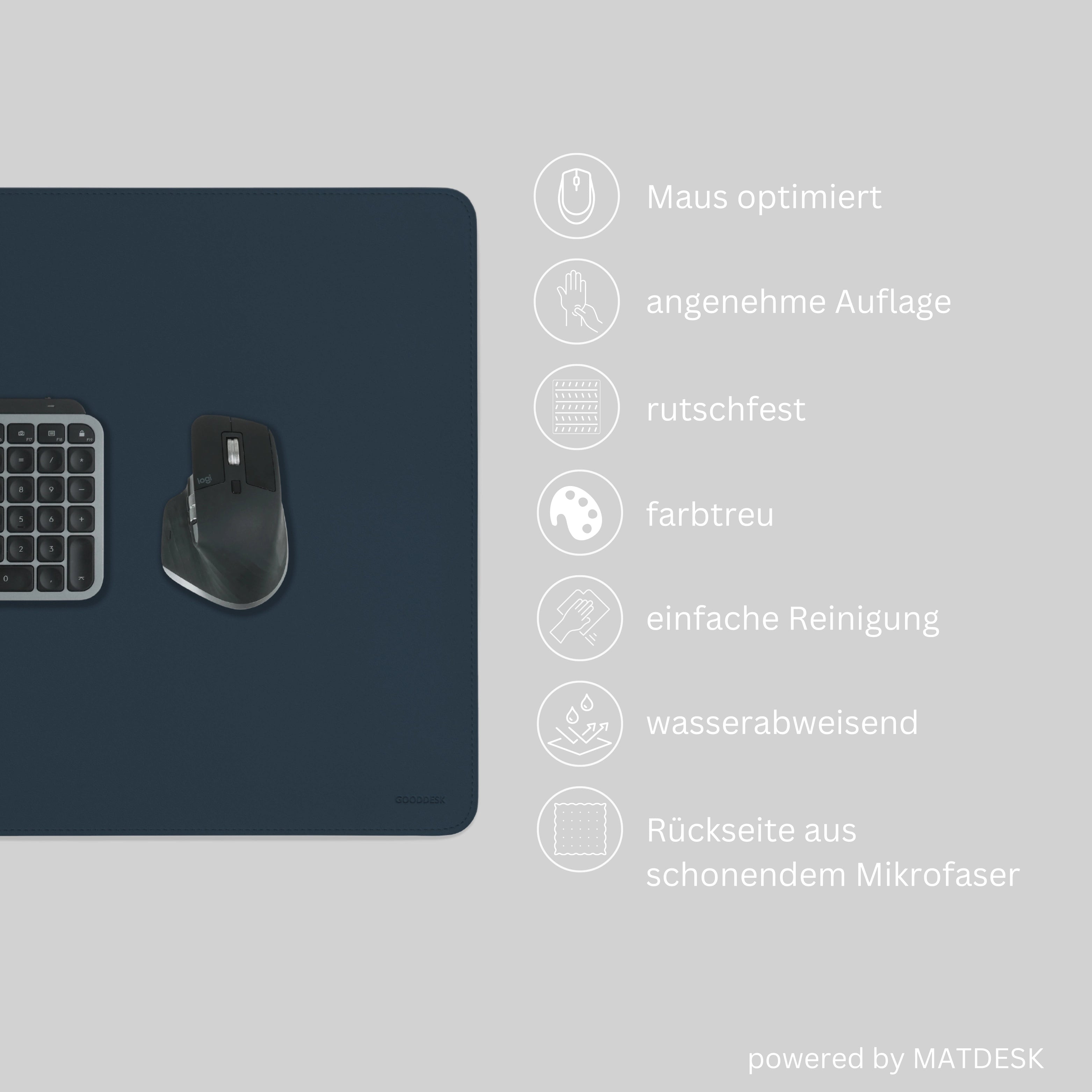 MATDESK Schreibtischunterlage Vorteile Nahaufnahme mit Computermaus optimiert rutschfest wasserabweisend