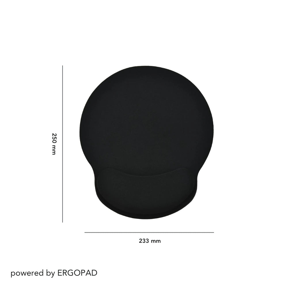 ERGOPAD Mauspad mit Handgelenkauflage, Maße: 250 mm x 233 mm. Ergonomisches Design für komfortables Arbeiten und Unterstützung des Handgelenks. Text: „powered by ERGOPAD“.