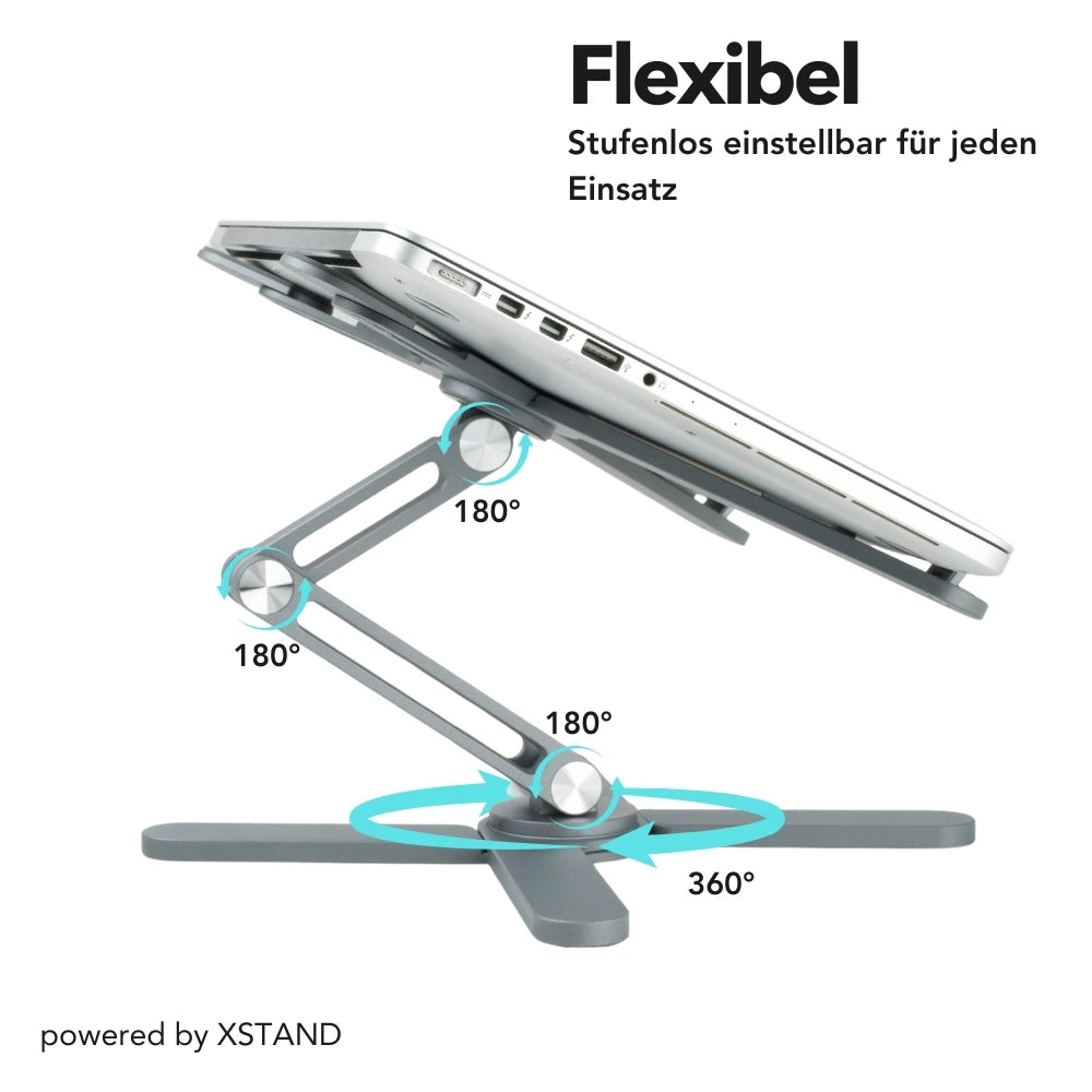 XSTAND Laptophalter in seitlicher Ansicht mit Markierungen für 180-Grad- und 360-Grad-Rotationsmöglichkeiten für maximale Anpassung.